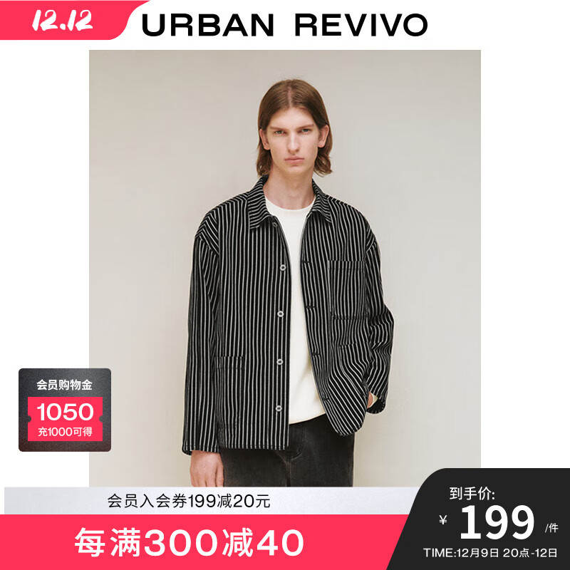 URBAN REVIVO UR2024春季男装复古休闲撞色条纹宽松牛仔外套UML840005 黑色条纹 L 33