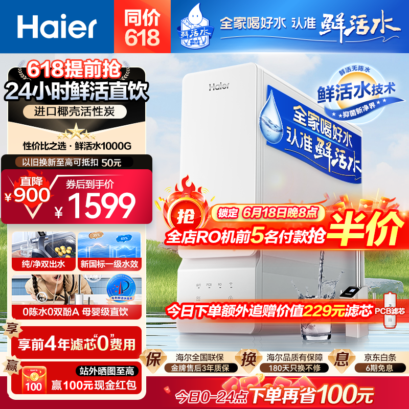 Haier 海尔 玉净鲜活水家用净水器1000G大通量双出水厨下式RO反渗透直饮母婴