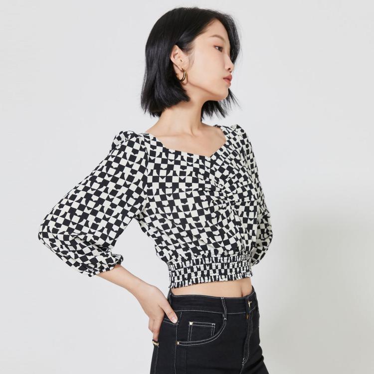 VERO MODA 上衣女甜美气质方领七分袖印花 61元