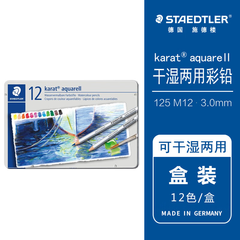 STAEDTLER 施德楼 彩铅套装 定制学生用手绘专业水溶性画笔 金钻12色水彩色铅