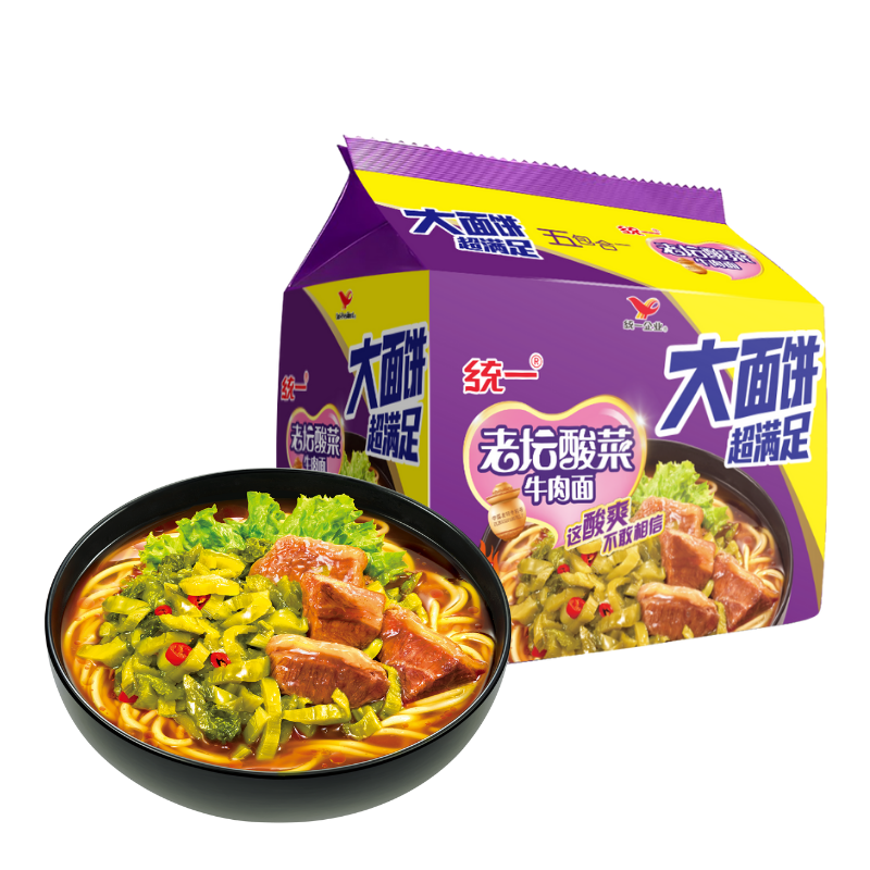 统一 老坛酸菜牛肉面大面饼五合一方便面150g*5袋 新老包装随机发货 33.77元