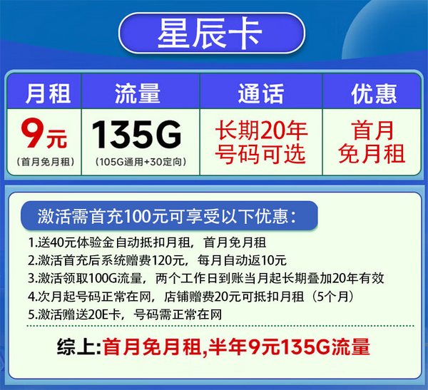 CHINA TELECOM 中国电信 星辰卡-9元/月+135G全国流量+可选号+流量长期可续约 （激活赠送20E卡）