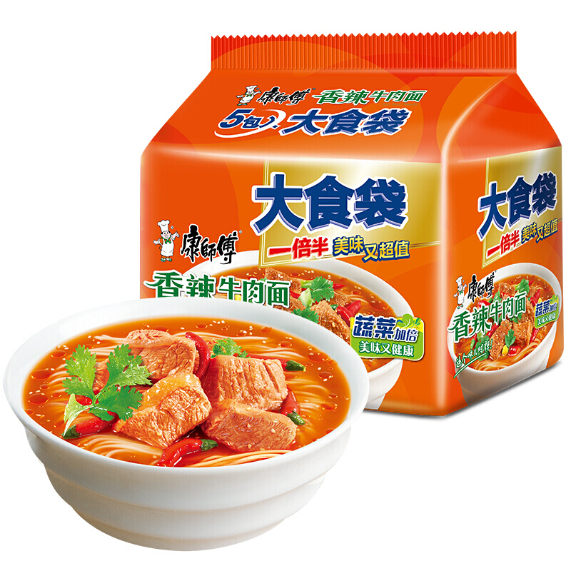 康师傅 大食袋香辣牛肉面 144g*5袋 12.38元