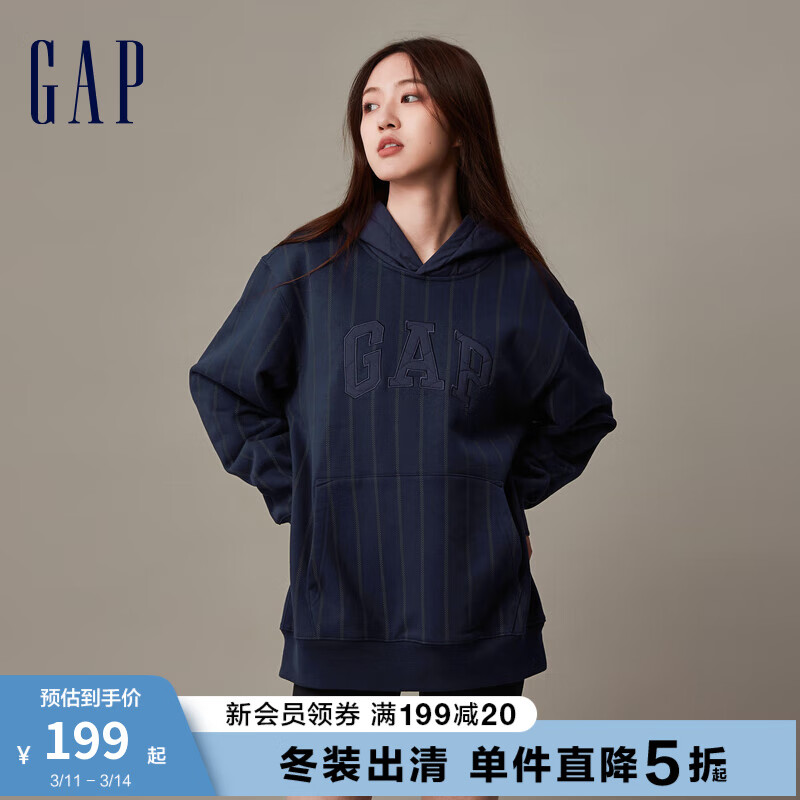 Gap 盖璞 男女装冬季2023LOGO碳素软磨抓绒卫衣841193运动连帽衫 海军蓝 175/96A(L)