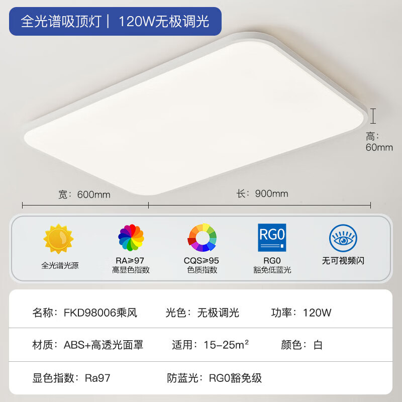 PLUS会员：FSL 佛山照明 吸顶灯 三防遥控调色120W乘风 509元（需用券）