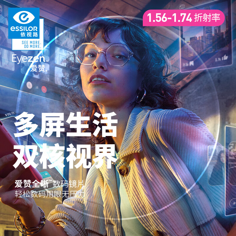 essilor 依视路 爱赞全晰膜致1.60折射率*2片 支持来架加工（赠钛框）0-800度内 