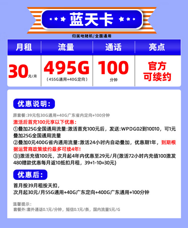 China unicom 中国联通 蓝天卡 4年30元/月（455G通用+40G定向+100分钟通话+可续约4年）