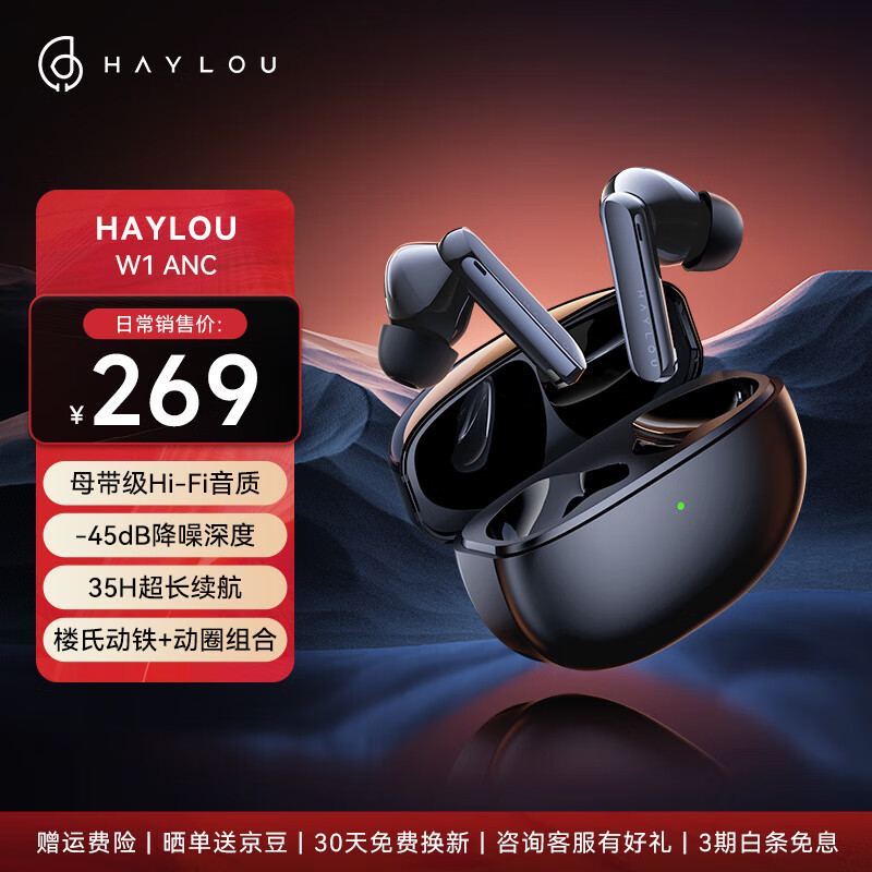 HAYLOU 嘿喽 W1 ANC 降噪真无线蓝牙耳机 入耳式音乐游戏运动耳机 - 45dB自适应