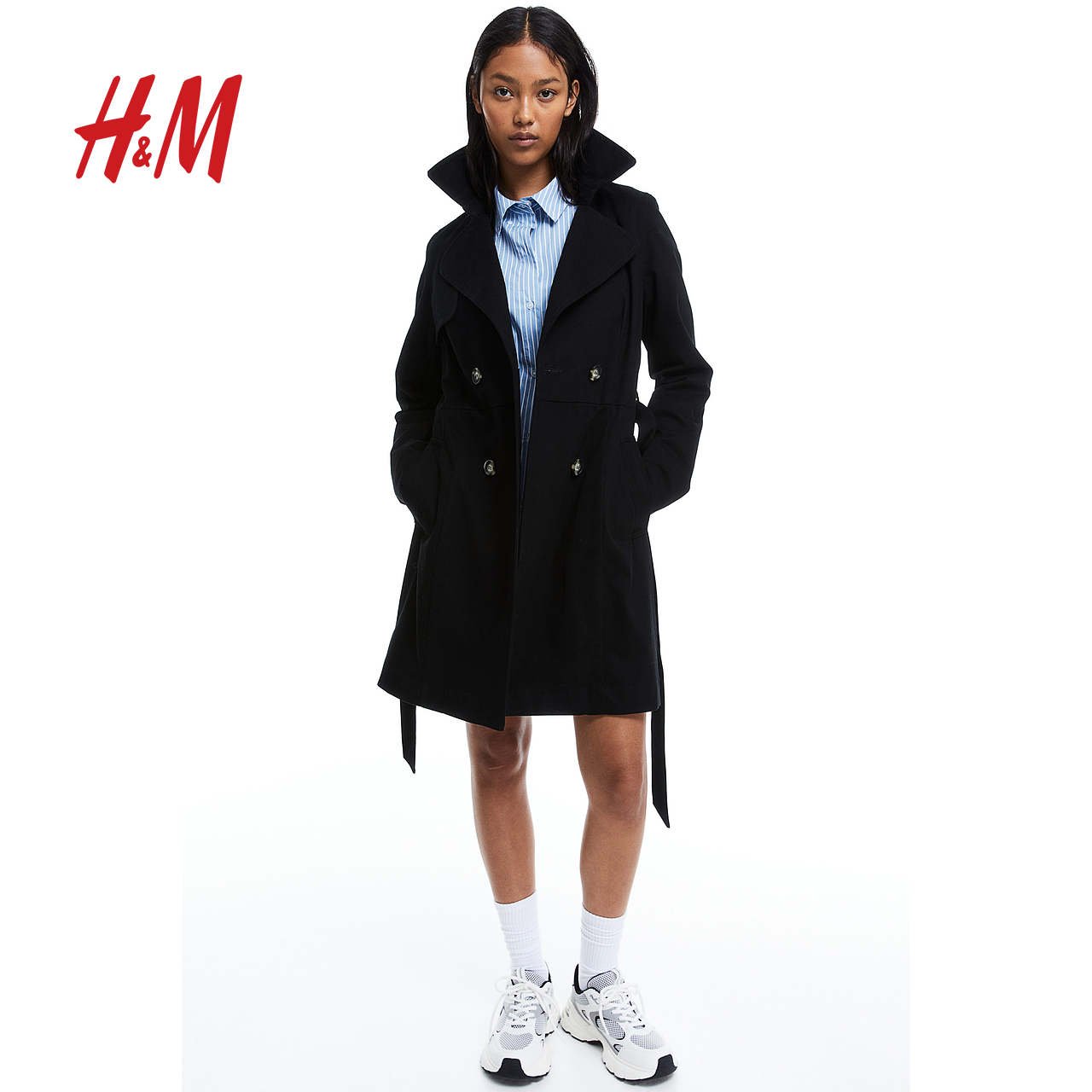 H&M HM女装风衣防风双排扣宽平驳领保暖长袖外套1152158 140元