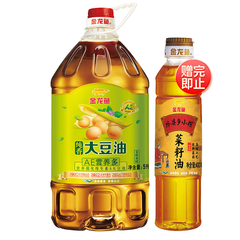 plus会员：金龙鱼 大豆油 非转基因5L +赠送400ml菜籽油 44.91元