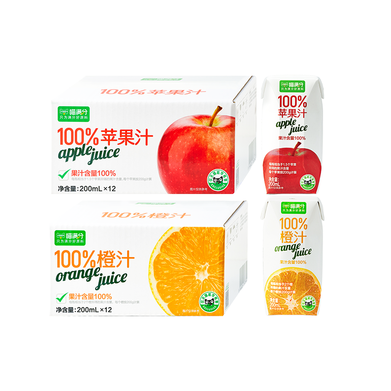 喵满分 饮料橙汁苹果汁100%纯果汁 200ml*12盒 ￥22.66