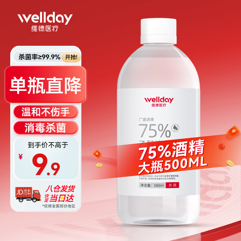 WELLDAY 维德 75%酒精消毒液医用乙醇消毒液 卫生清洁杀菌便携500ml ￥9.4