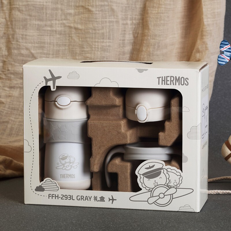 THERMOS 膳魔师 LION系列 FFH-293L 儿童保温杯+吸管盖+直饮盖 机长 290ml 灰/白 礼