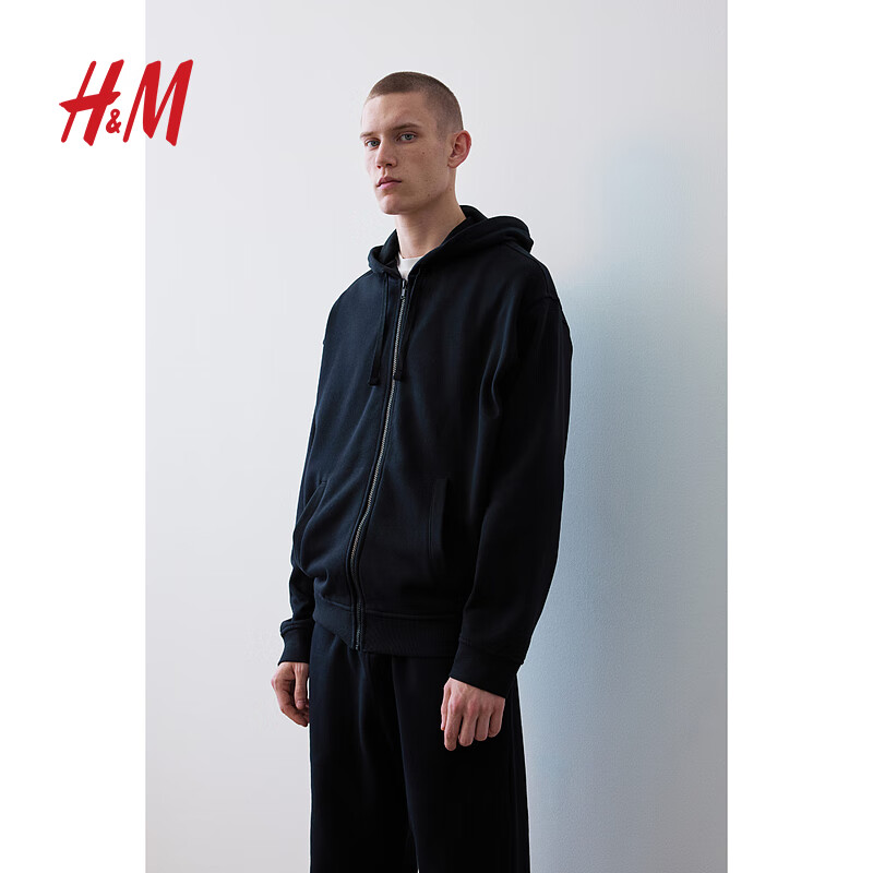 H&M 男装卫衣2023秋季新款休闲美式外套简约拉链连帽衫1011890 黑色 170/92A 85元