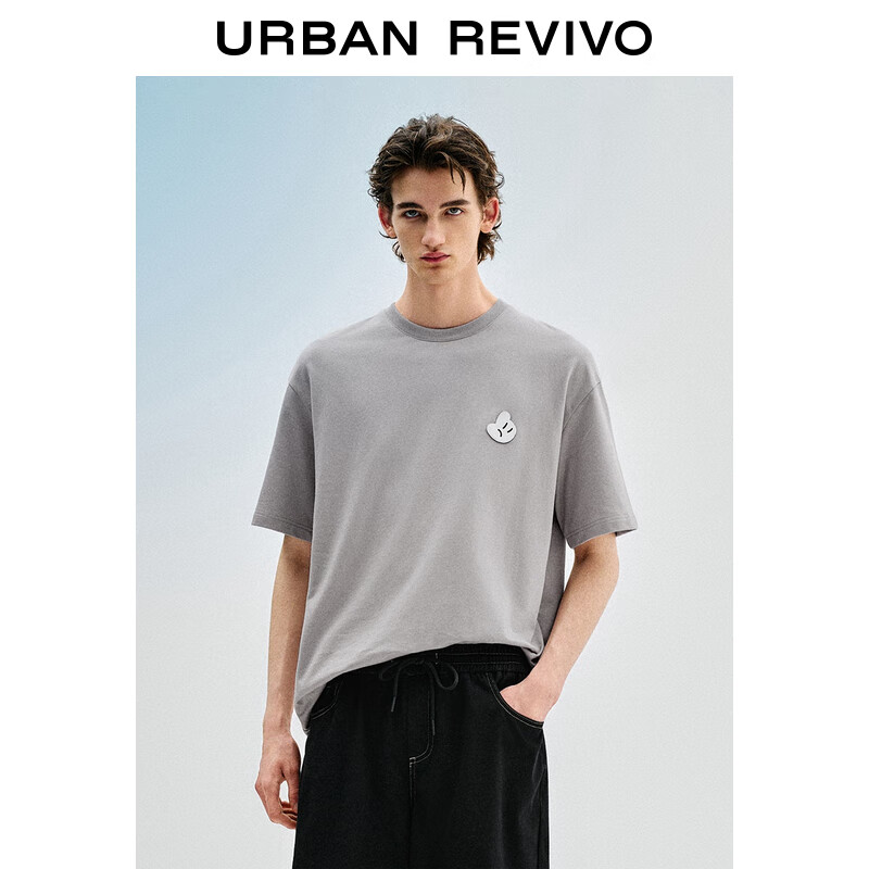 URBAN REVIVO UR2024夏季新款男装趣味休闲章仔棉质圆领短袖T恤UMV440061 浅灰 XS 67.