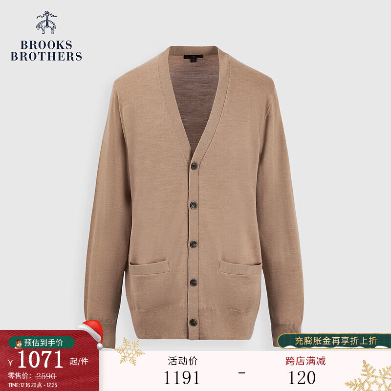 Brooks Brothers BrooksBrothers）男士24早秋绵羊毛简约针织毛衣开衫 2004-卡其色 XS 1