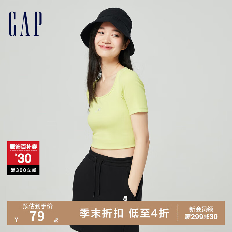 Gap 盖璞 女士logo镂空方领短袖T恤 68.36元（需用券）