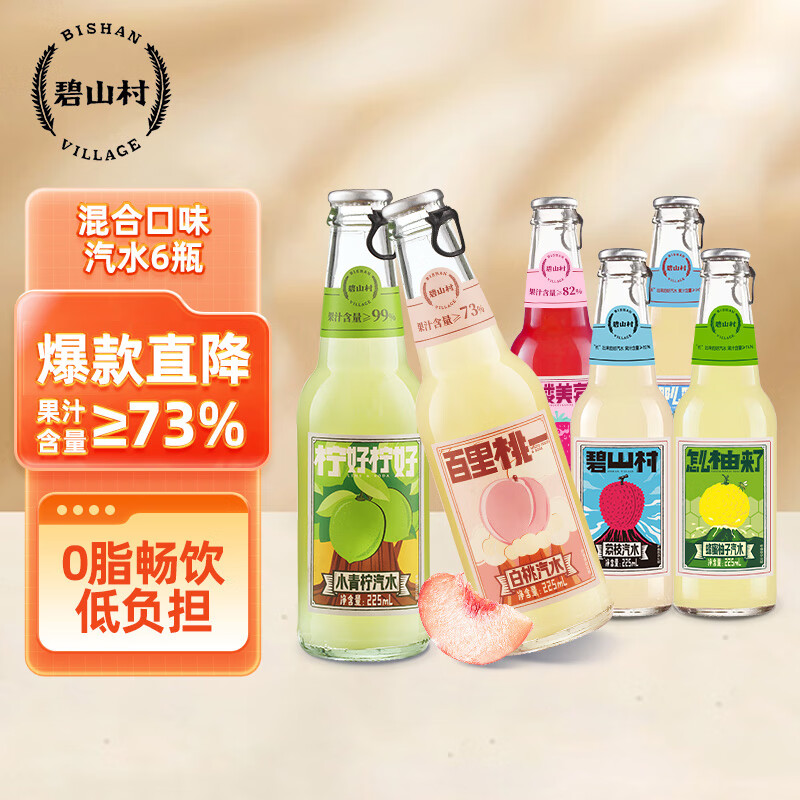 BISHAN VILLAGE 碧山村 多口味果汁汽水225ml*6瓶 25.42元（需买2件，需用券）