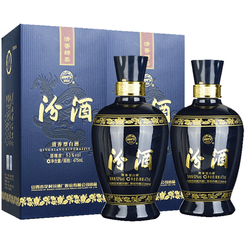 PLUS会员：汾酒 蓝汾 清香型白酒 53度 475mL 2瓶 双瓶装（内含礼袋） 197.1元（