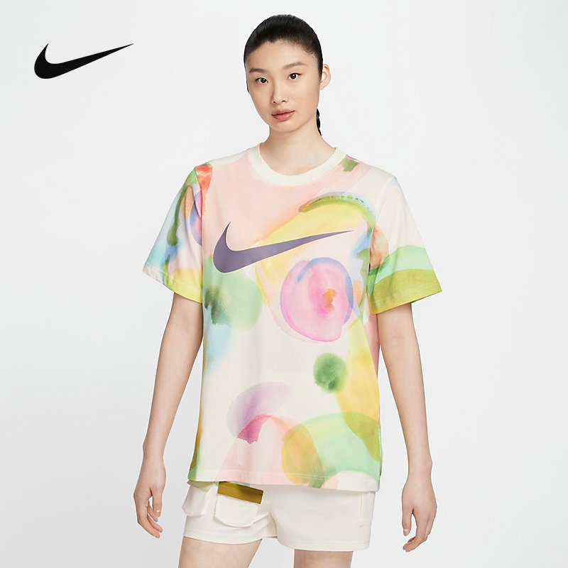 NIKE 耐克 女子短袖夏新款宽松圆领透气扎染纯棉运动T恤HF6178-133 225.67元（需