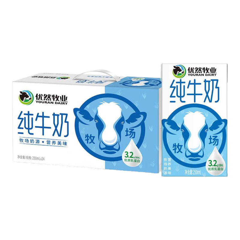 需首单、Plus会员:优然牧业 纯牛奶 250ml*24盒/箱*2件 70.2元（合35.1元/件）