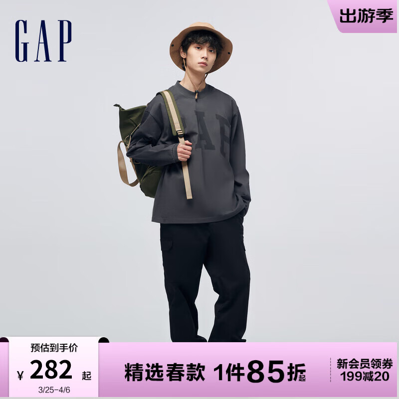 Gap 盖璞 男装春季2024LOGO纯棉宽松长袖T恤452532运动休闲上衣 黑灰色 165/88A(S)