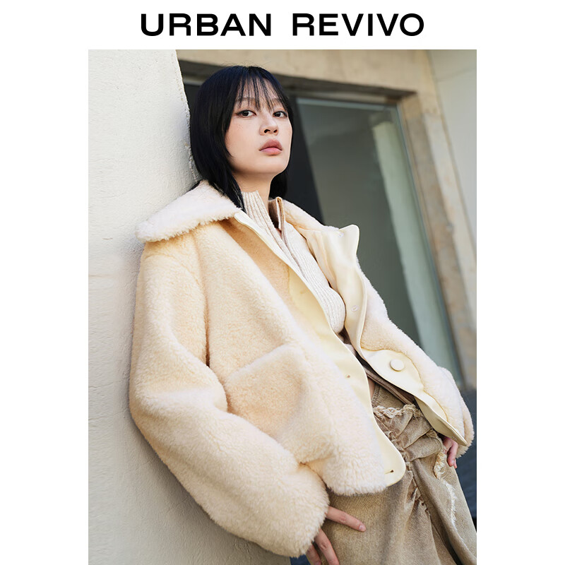 URBAN REVIVO UR秋冬季女时尚休闲温柔拼接毛绒感双口袋外套UWU130073 米白 S 269元