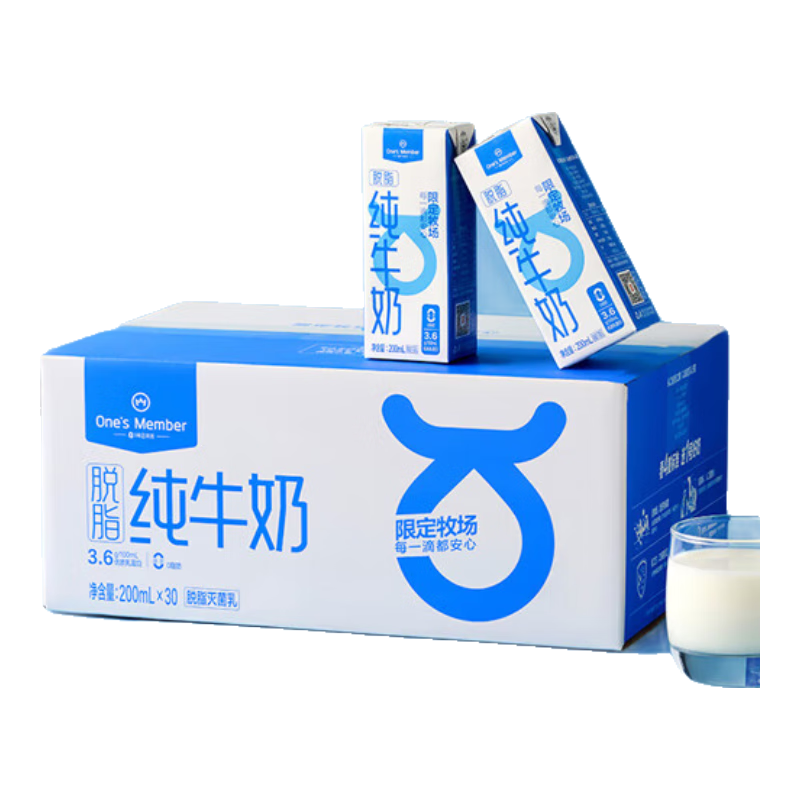 1号会员店 脱脂纯牛奶 200ml*30盒 3.6g乳蛋白 *3件 134.4元（合44.8元/件）包邮