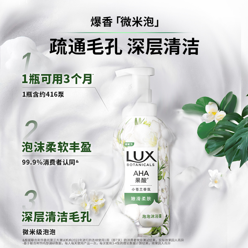 88VIP：LUX 力士 植萃果酸泡泡沐浴露小苍兰香500ml 21.8元