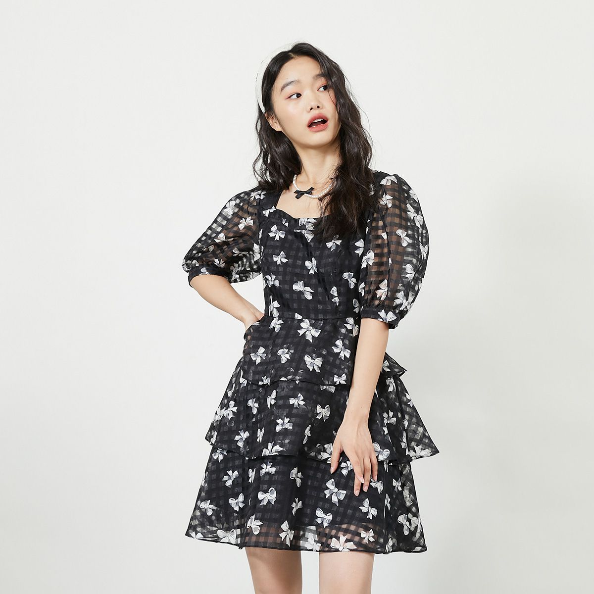 ONLY 秋季短袖裙蛋糕裙格子碎花連衣裙女 89元
