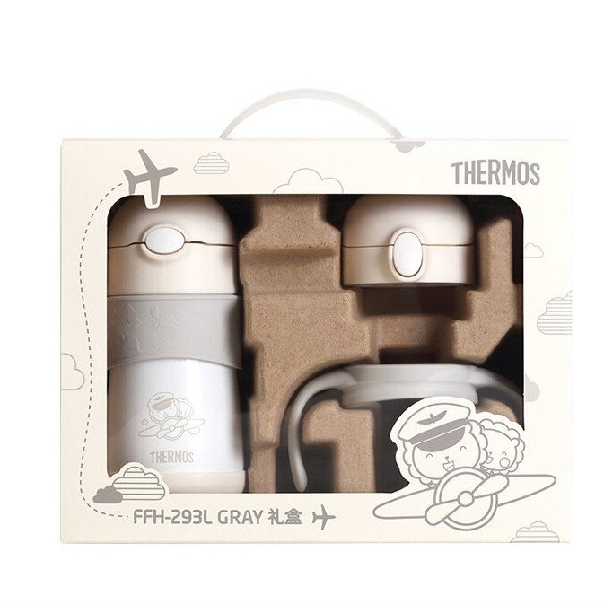 THERMOS 膳魔师 LION系列 FFH-293L 儿童保温杯+吸管盖+直饮盖 机长 290ml 灰/白 礼