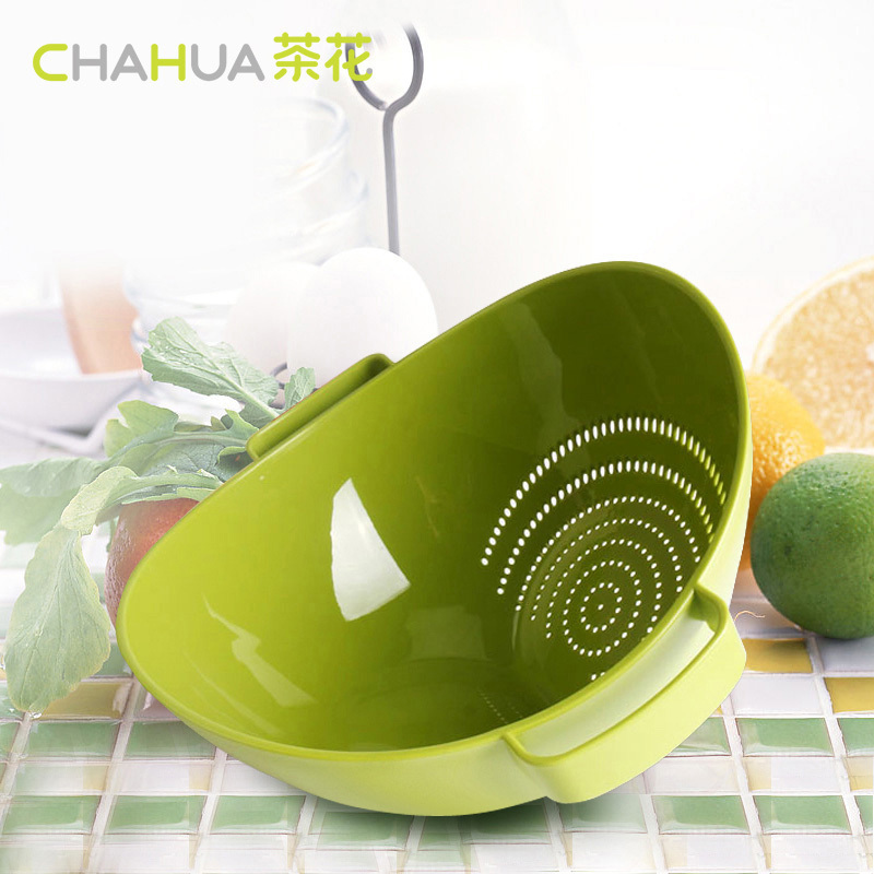 CHAHUA 茶花 双立筛 塑料水果蔬菜清洗多用筛带手柄沥干沥水篮水果篮果盆 绿