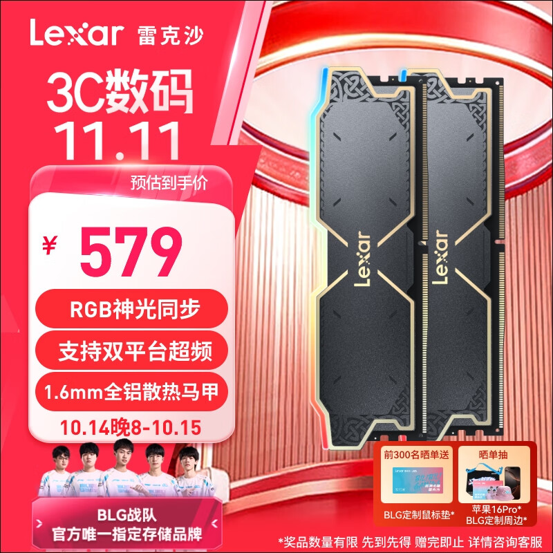 雷克沙 DDR5 6000 32GB(16GB×2)套条 电竞RGB灯条台式内存条 C38 Thor雷神之刃 黑