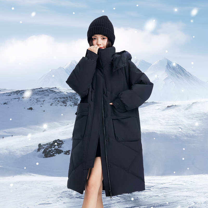 雪中飞 2025冬女士中长款羽绒服百搭时尚休闲气质大口袋保暖舒适 黑色|8056 X