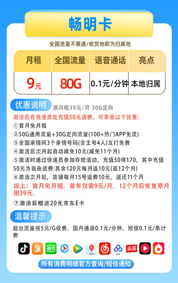 中国移动 CHINA MOBILE 畅明卡 首年9元月租（80G全国流量+本地归属+畅享5G+首月免租）送20e卡