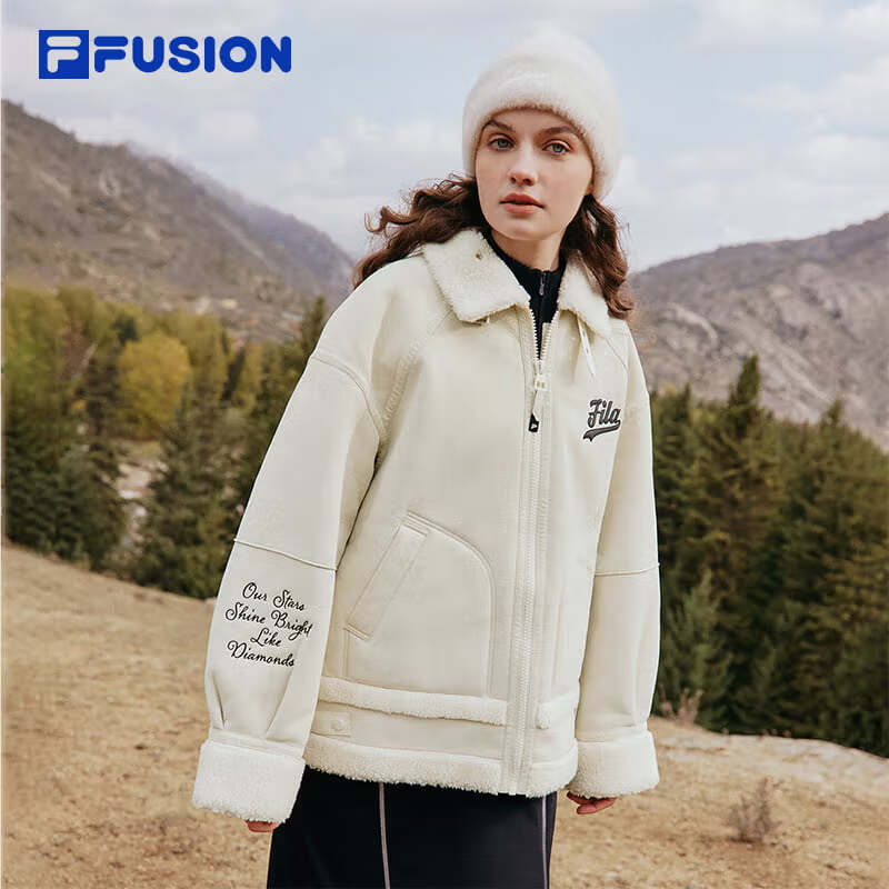 FILA 斐乐 FUSION斐乐潮牌针织外套女时尚休闲宽松翻领女装上衣 米卡麦色-BG 17