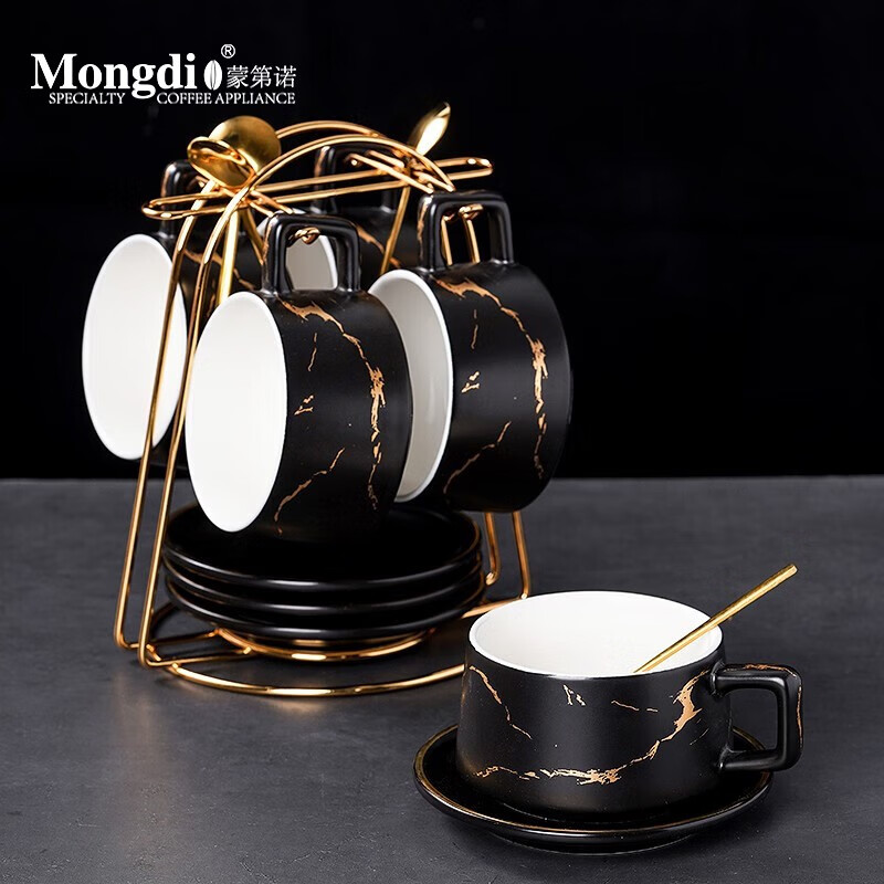 Mongdio 咖啡杯套装陶瓷挂耳美式杯碟拿铁杯下午茶杯碟 裂痕黑（4杯4碟4勺+金