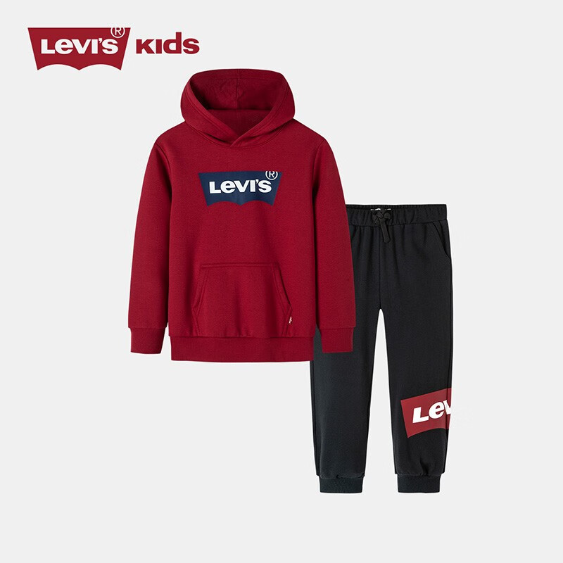 Levi's 李维斯 童装男女童加绒保暖卫衣长裤2件套冬季儿童连帽卫衣套装 正黑