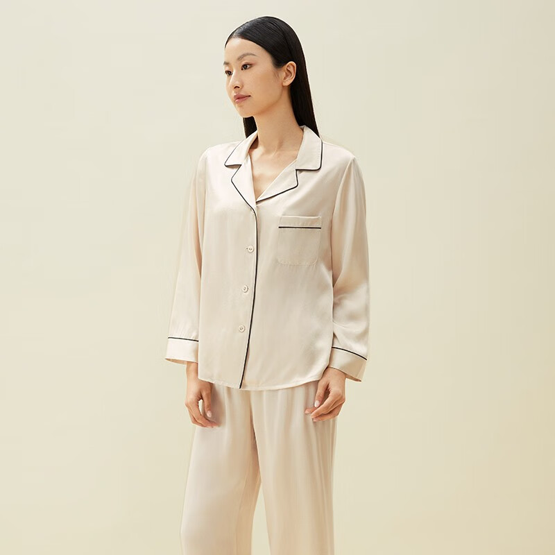 金三塔 睡衣女真丝100%桑蚕丝可外穿美肤养肤长袖衣裤套睡衣家居服 白玉兰