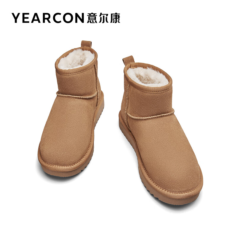 PLUS会员：YEARCON 意尔康 女靴 雪地靴女冬季真皮加绒加厚长毛保暖女短靴靴