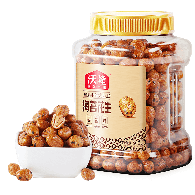 plus会：沃隆鱼皮花生500g海苔味罐装*4件 55.56元（合13.89元/件）