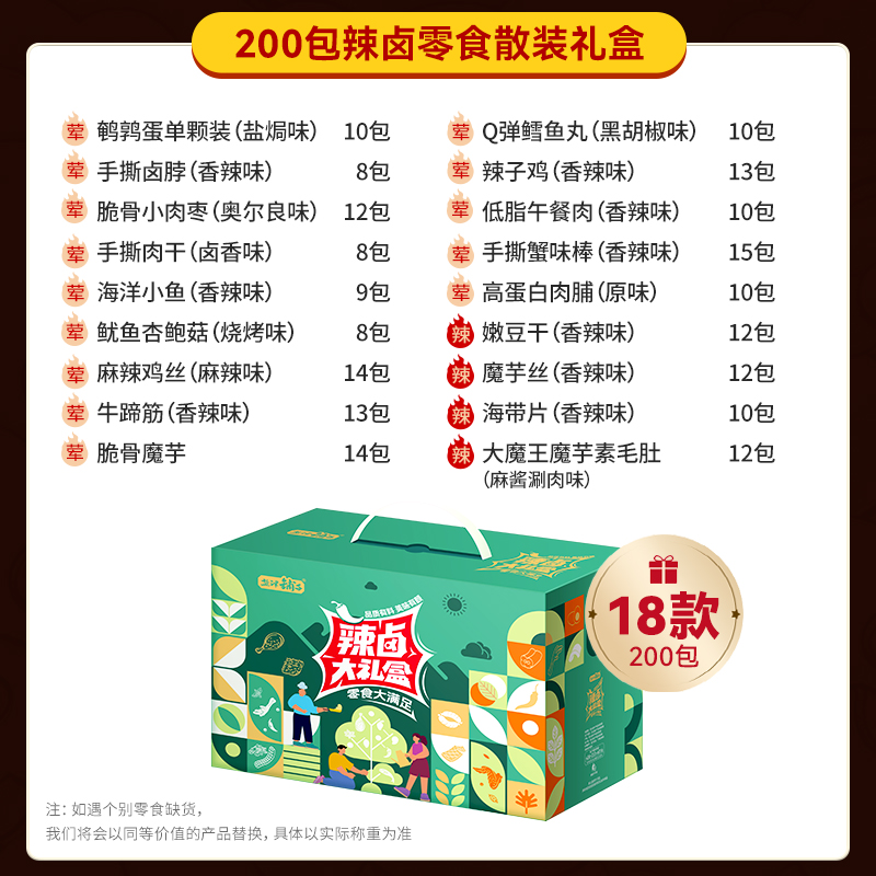 盐津铺子 零食大礼盒（200包）休闲食品鹌鹑蛋午餐肉 39元（需用券）