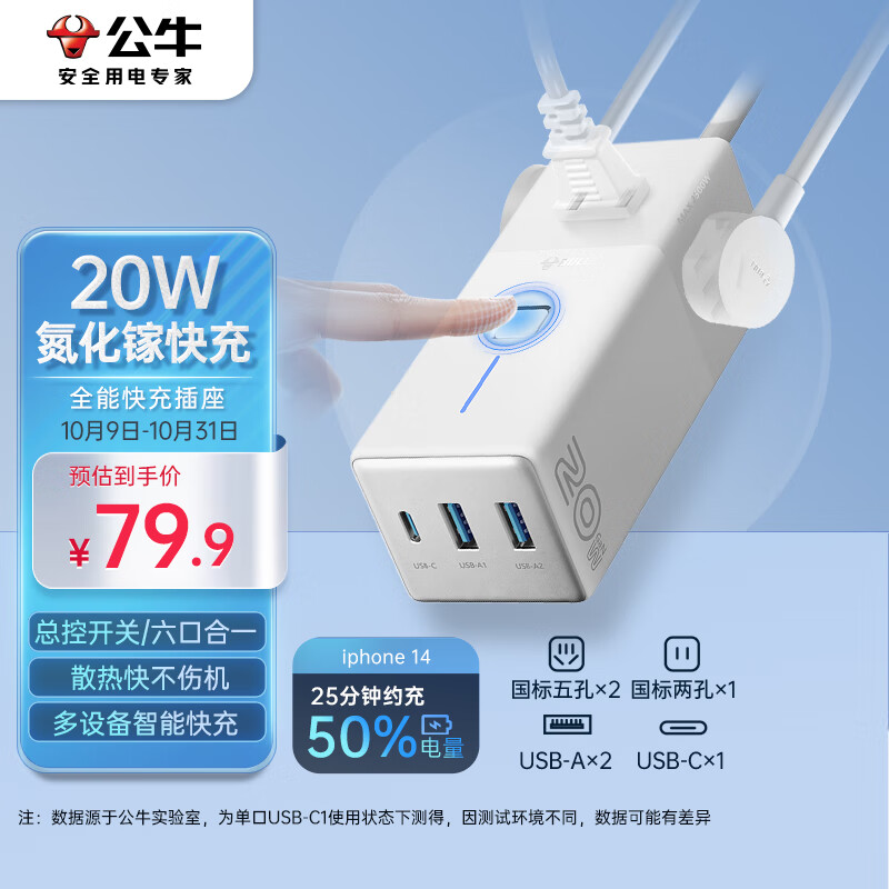 BULL 公牛 氮化镓20充电器1C2A+3 GNV-MC1203 66.9元（需用券）