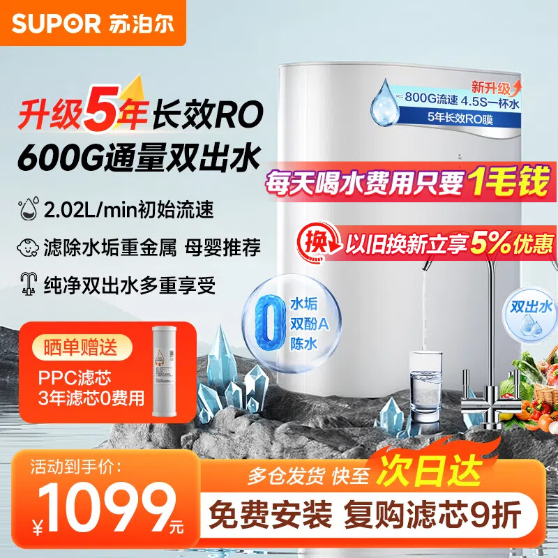 SUPOR 苏泊尔 净水器家用直饮机净水机RO反渗透纯水机600G大通量过滤器DR60滤