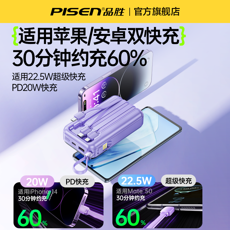 PISEN 品胜 22.5W 自带线充电宝 20000mAh 98元（需用券）