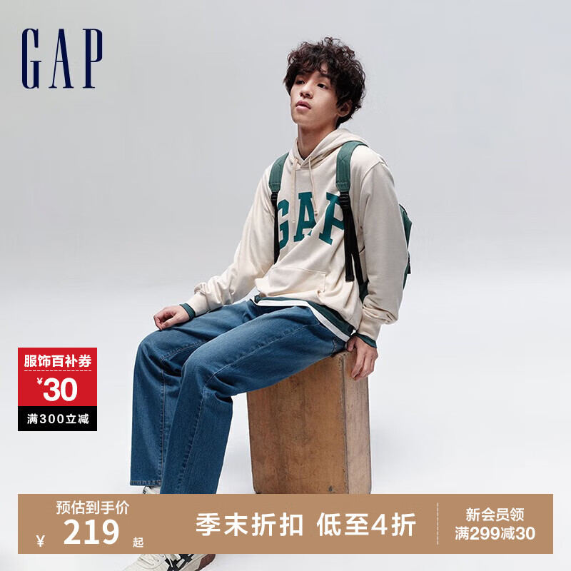 Gap 盖璞 男女装春季2024新款LOGO美式复古连帽法式圈织软卫衣892186 奶油米色 1