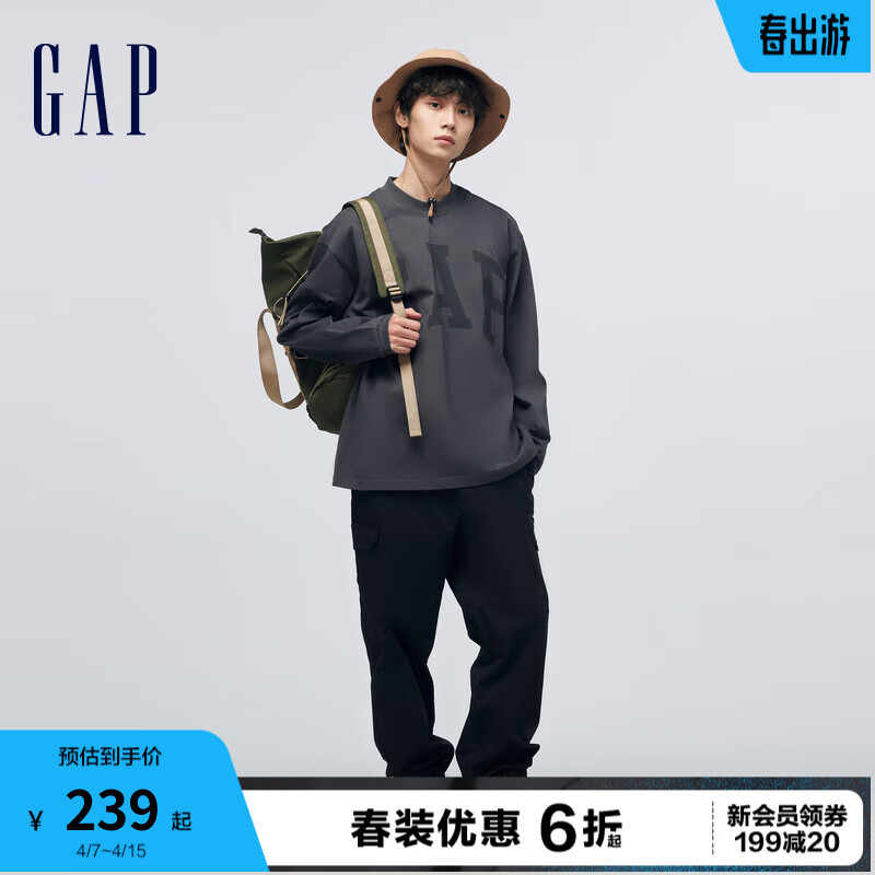 Gap 盖璞 男装春季2024LOGO纯棉宽松长袖T恤452532运动休闲上衣 黑灰色 175/96A(L)