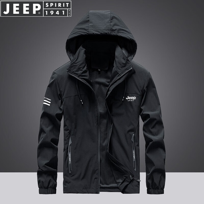 JEEP SPIRIT 吉普夹克男春秋外套连帽防风运动宽松百搭商务休闲男装 黑色 4XL 1