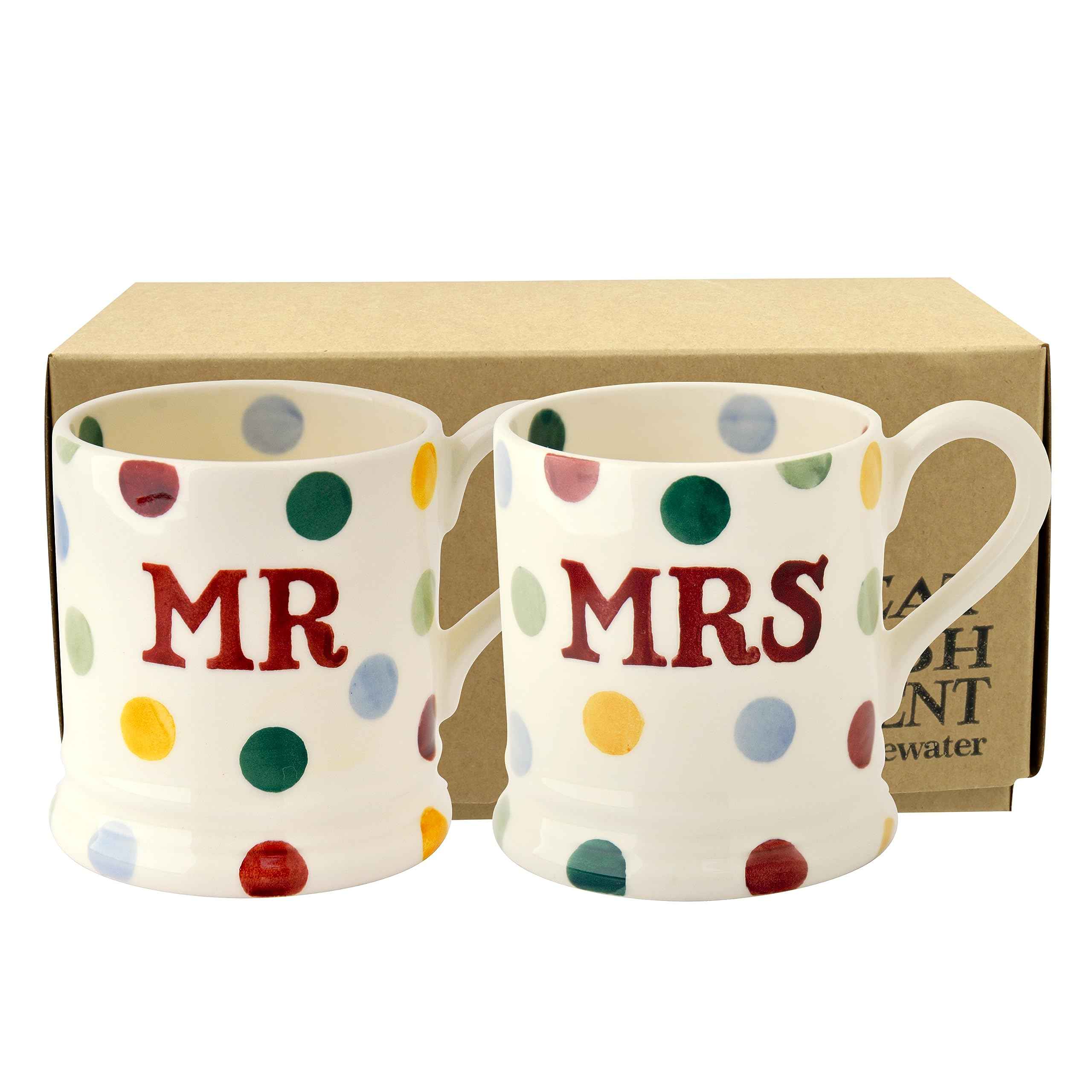 【含税直邮】Emma Bridgewater 波尔卡圆点 'Mr & Mrs' 2 件套 1/2 品脱马克杯盒装