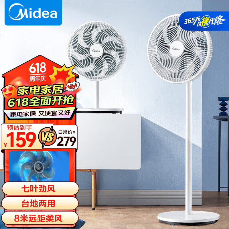 Midea 美的 七叶轻音柔风电风扇/家用省电落地扇/台式电扇/广角摇头节能宿舍